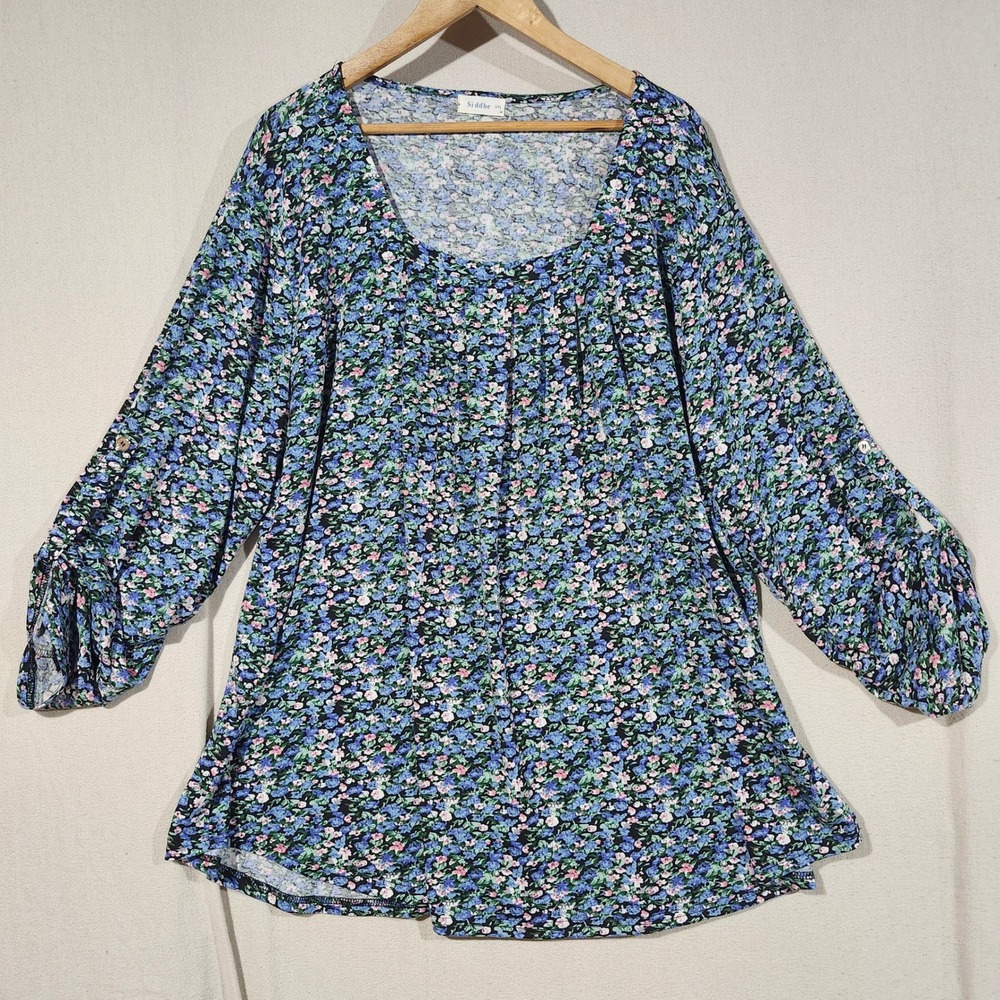 Siddhe Women 5XL Blue Floral Roll Tab Sleeve Pleated Scoop Neck Tunic Blouse